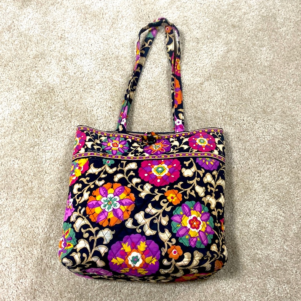 Vera Bradley Black Floral Quilted Tote with Pink, Purple & Green Accents